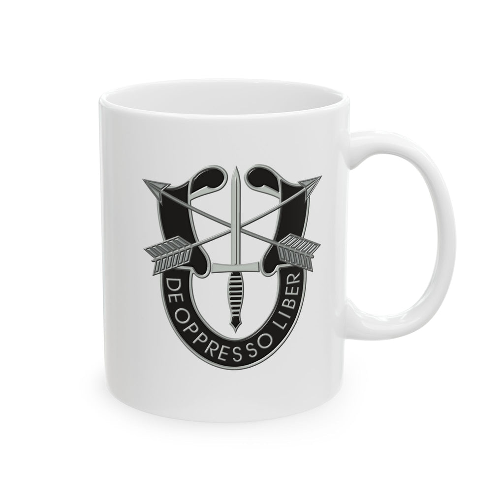 De Oppresso Liber Ceramic Mug with Military Insignia - Perfect Gift for Veterans, Army Themed, Coffee Lover's Mug, Collector's Item, Home Decor