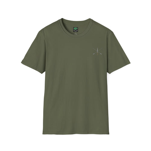 Crossed Arrows and Dagger Front with Little Bird Infil Back_Unisex Softstyle T-Shirt - Vintage Coffee Lover Design